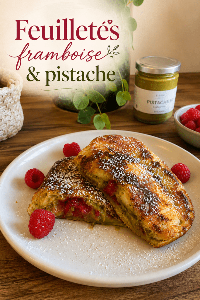 Croissant perdu doré à la poêle, garni de crème de pistache et de framboises, saupoudré de sucre glace et servi tiède.