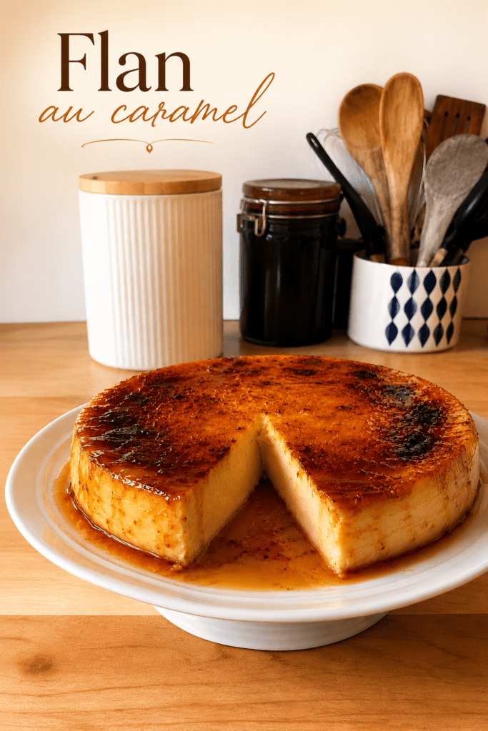 Part de flan brûlé vanille-miso avec pâte dorée, crème épaisse à la vanille, surface caramélisée au sucre et texture fondante.