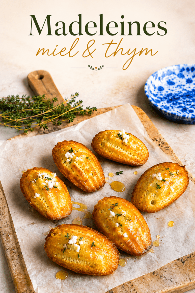 Madeleines salées au chèvre frais, miel et thym, dorées au four, servies tièdes avec un léger filet de miel brillant sur le dessus.