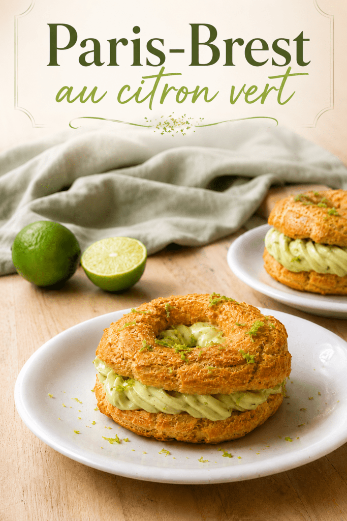 Paris-Brest express garni d’une crème pistache onctueuse au mascarpone, décoré de zestes de citron vert frais sur une pâte à choux dorée.