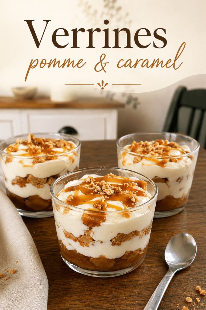 Verrines façon tiramisu tarte tatin avec couches de pommes caramélisées, biscuits émiettés, crème mascarpone et filet de caramel doré.