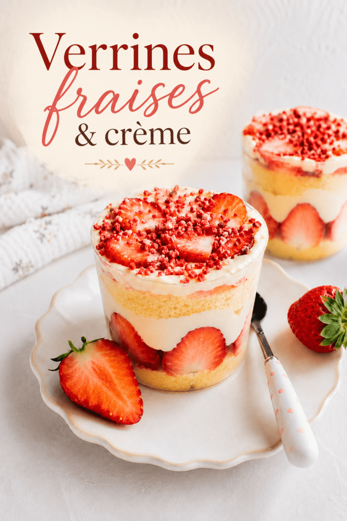 Cup façon fraisier servie dans un verre avec couches de génoise moelleuse, fraises fraîches coupées, crème vanille, chantilly et miettes de fraises séchées.