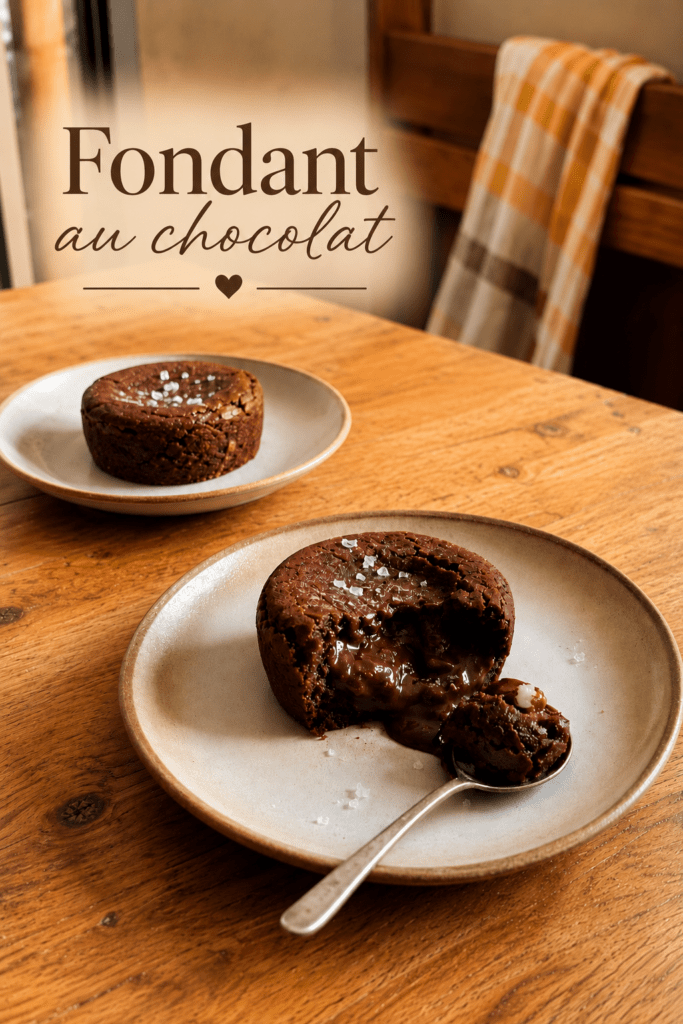 Fondant au chocolat noir servi tiède avec cœur coulant, filet d’huile d’olive douce et pincée de fleur de sel sur le dessus.