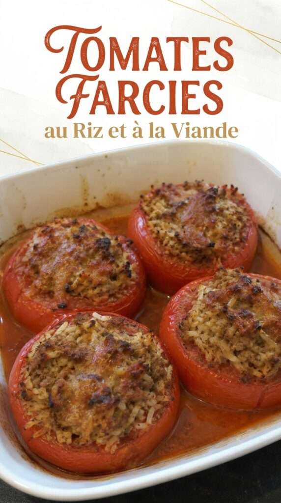 Tomates farcies maison gratinées au four avec viande hachée, riz et persil dans un plat familial rustique
