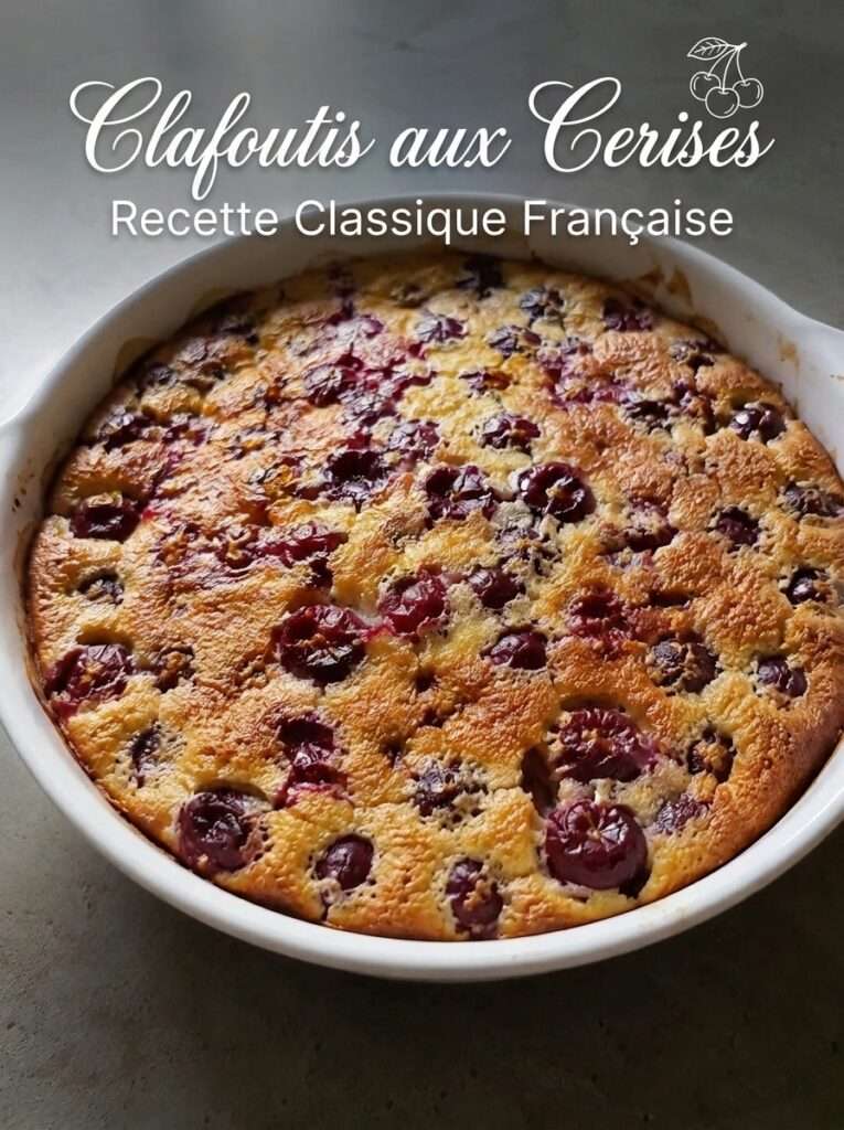 Clafoutis aux cerises maison doré et moelleux dans un plat rustique avec cerises fraîches et sucre légèrement caramélisé