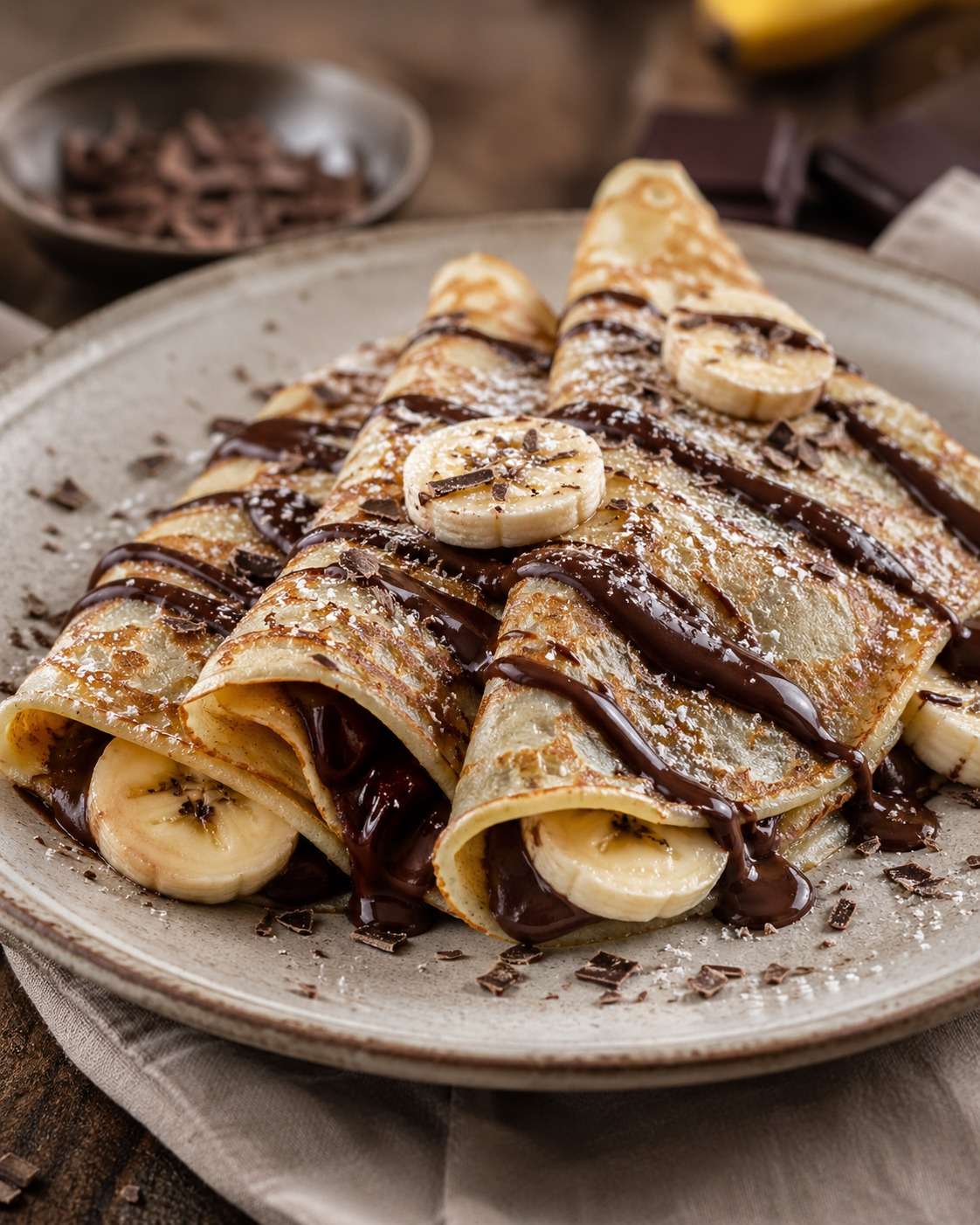 Crêpes fines et moelleuses garnies de chocolat fondant, de rondelles de banane fraîche et saupoudrées de sucre glace dans une assiette