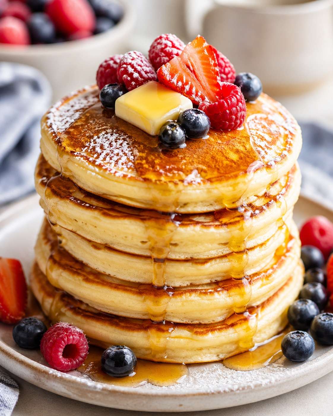 Pancakes moelleux empilés façon brunch, nappés de sirop d’érable, décorés de fruits rouges frais et légèrement saupoudrés de sucre glace.