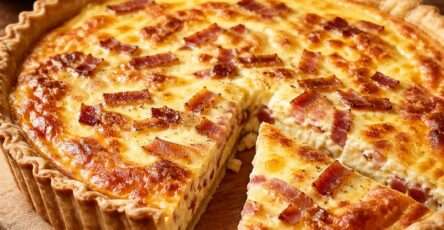 Quiche lorraine dorée dans un moule à tarte, avec une pâte brisée croustillante, une garniture crémeuse aux lardons et du fromage gratiné.