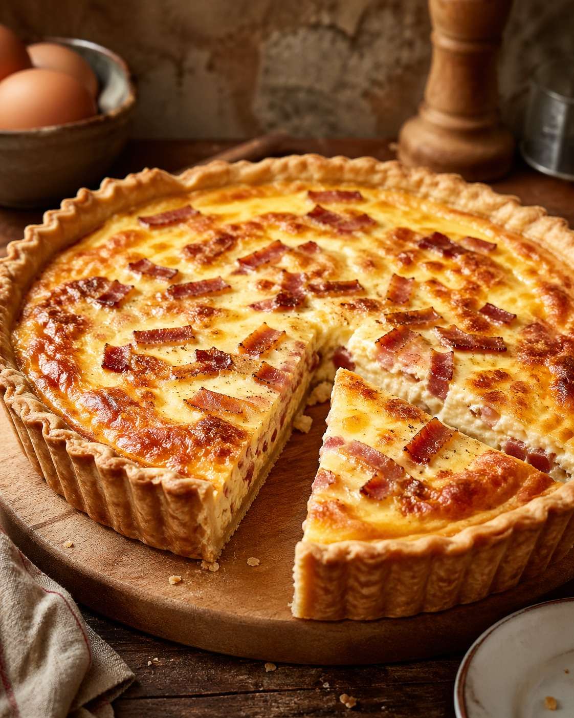 Quiche lorraine dorée dans un moule à tarte, avec une pâte brisée croustillante, une garniture crémeuse aux lardons et du fromage gratiné.