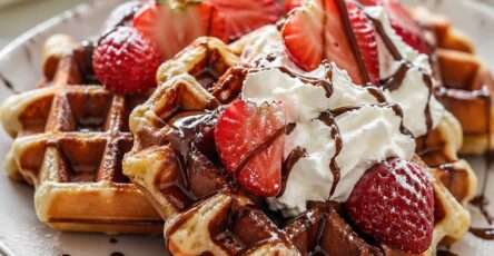 Gaufres maison dorées et croustillantes servies avec chantilly onctueuse, fraises fraîches coupées et filet de sauce chocolat.