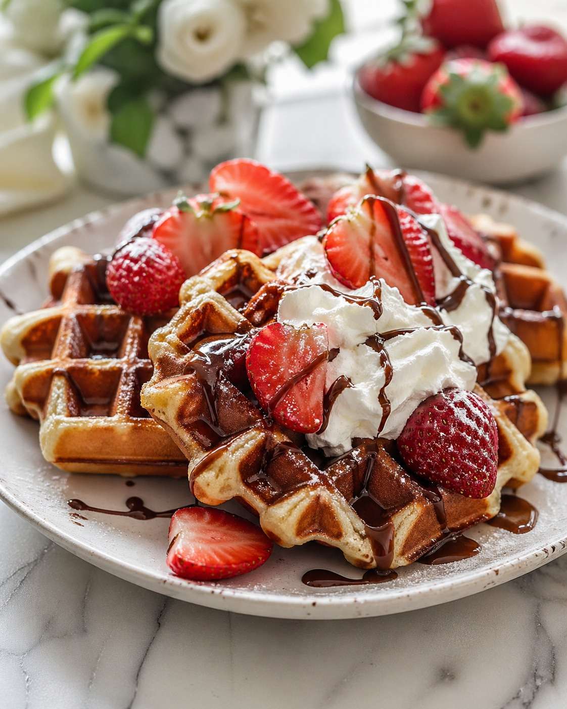 Gaufres maison dorées et croustillantes servies avec chantilly onctueuse, fraises fraîches coupées et filet de sauce chocolat.