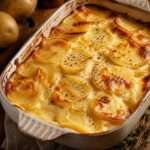 Gratin dauphinois crémeux dans un plat à gratin, avec des pommes de terre fondantes en fines rondelles, une surface dorée et une sauce à la crème parfumée à l’ail.