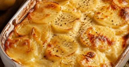 Gratin dauphinois crémeux dans un plat à gratin, avec des pommes de terre fondantes en fines rondelles, une surface dorée et une sauce à la crème parfumée à l’ail.
