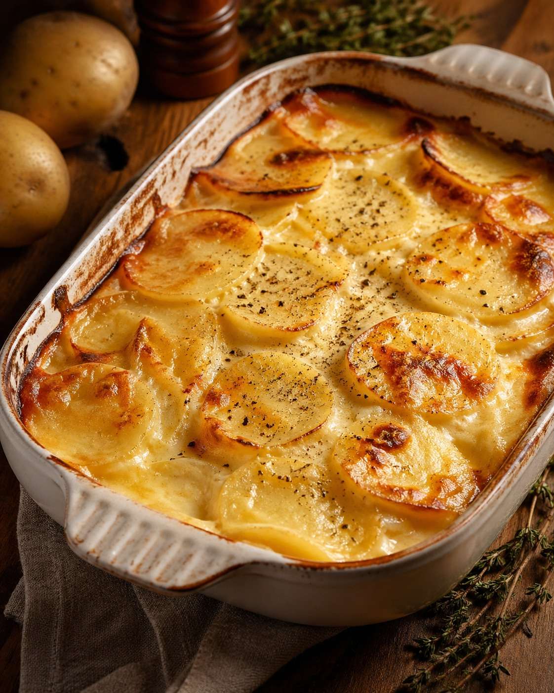 Gratin dauphinois crémeux dans un plat à gratin, avec des pommes de terre fondantes en fines rondelles, une surface dorée et une sauce à la crème parfumée à l’ail.