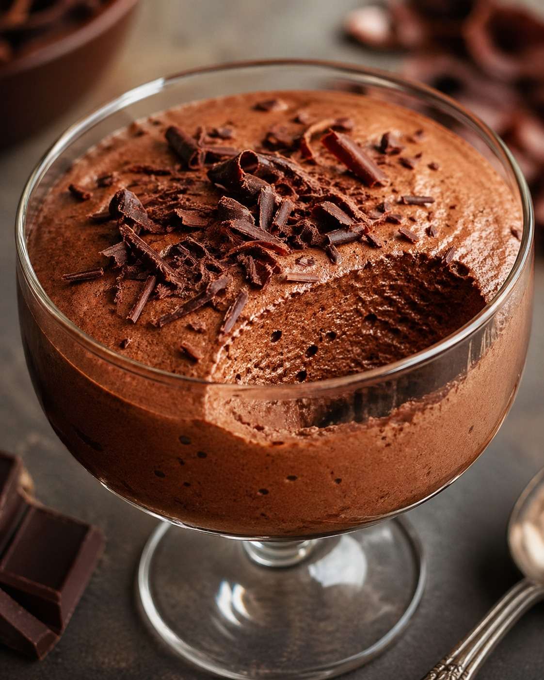 Verrines de mousse au chocolat noir intense, texture aérienne et fondante, décorées de copeaux de chocolat sur le dessus.