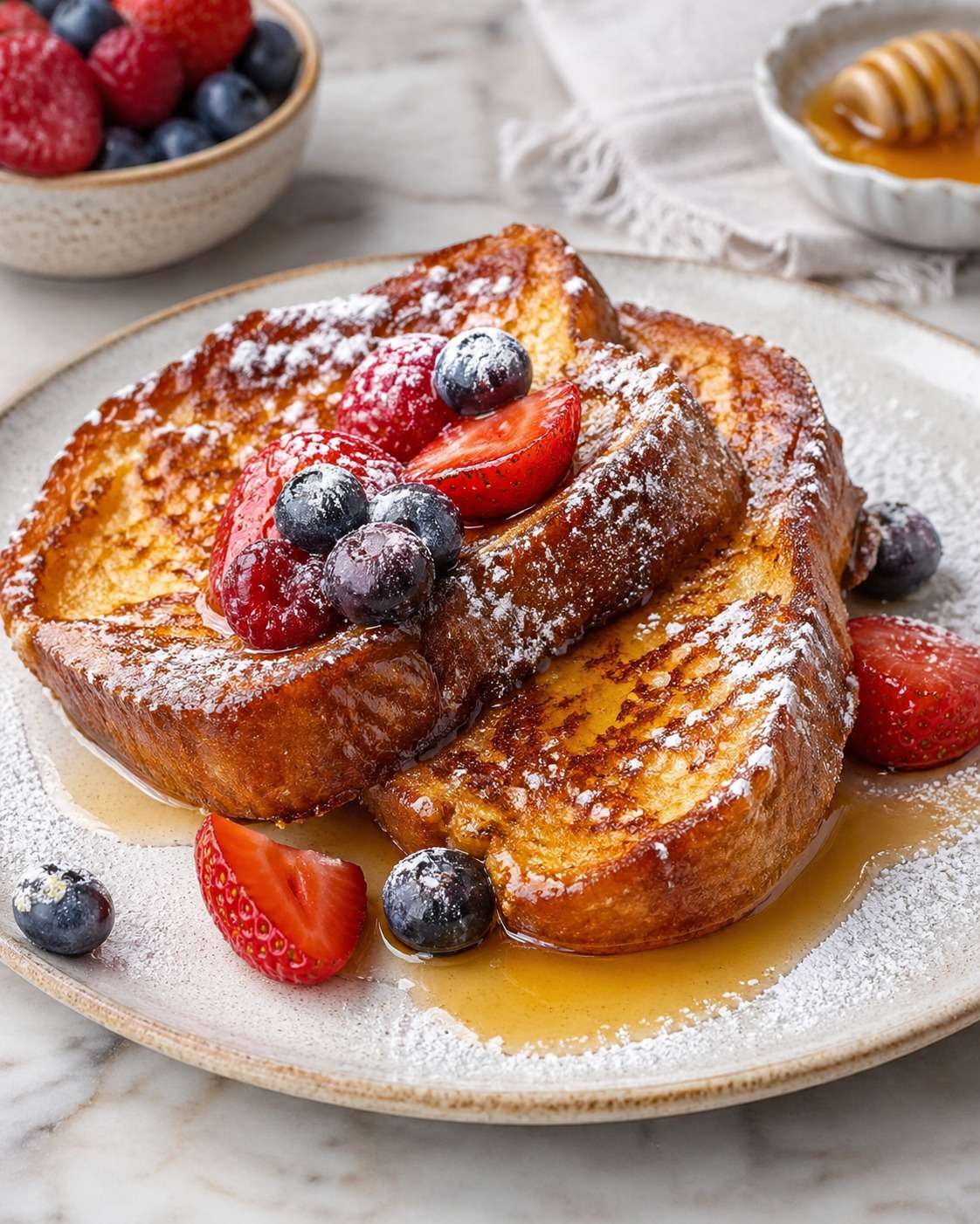 Tranches de pain perdu dorées et moelleuses servies avec des fruits rouges frais, un filet de miel et une légère touche de sucre glace.