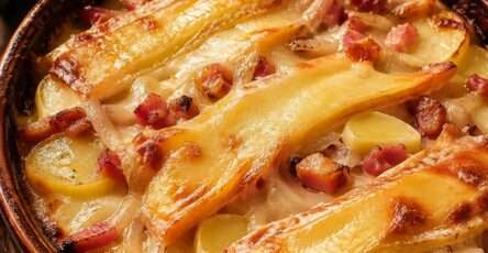 Tartiflette savoyarde servie dans un plat à gratin, avec pommes de terre fondantes, lardons dorés, oignons et reblochon gratiné.