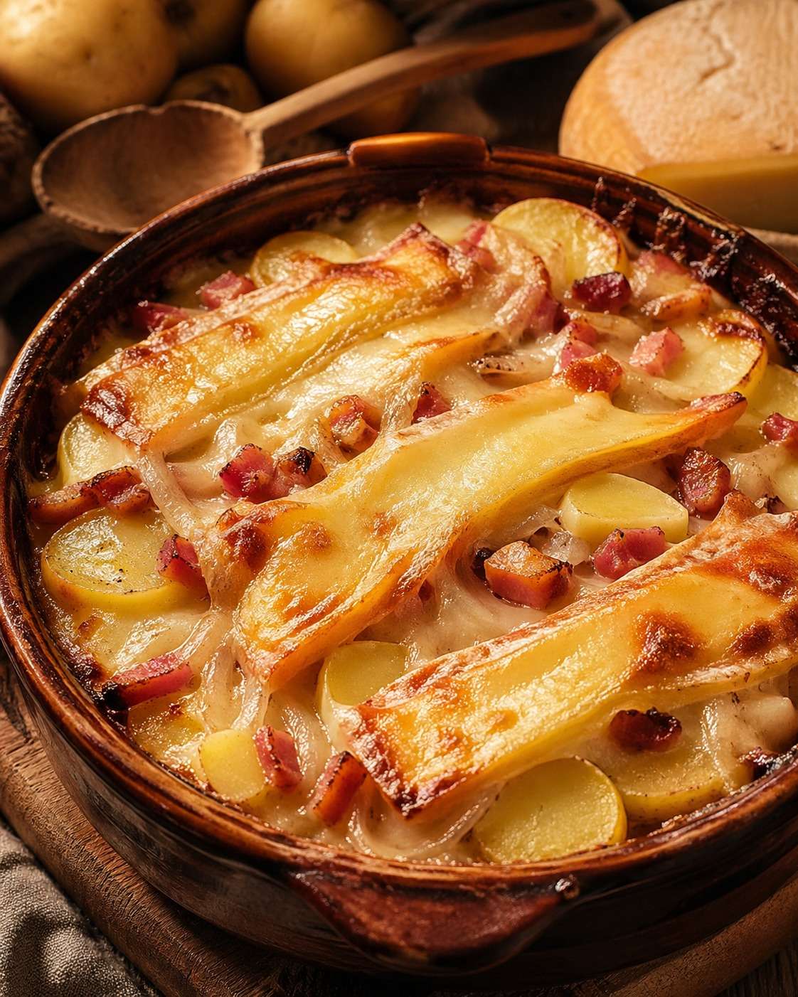 Tartiflette savoyarde servie dans un plat à gratin, avec pommes de terre fondantes, lardons dorés, oignons et reblochon gratiné.