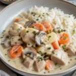 Blanquette de veau traditionnelle servie chaude avec morceaux de veau tendres, carottes fondantes, champignons et sauce blanche crémeuse.