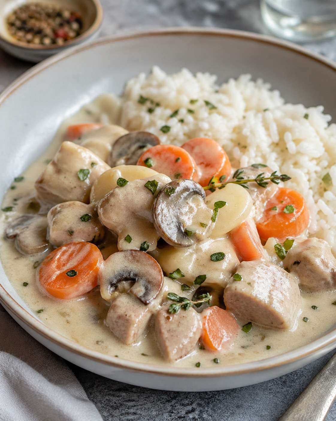 Blanquette de veau traditionnelle servie chaude avec morceaux de veau tendres, carottes fondantes, champignons et sauce blanche crémeuse.
