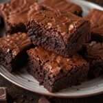 Carrés de brownie au chocolat noir fondant, avec une surface légèrement craquante, des noix visibles et un cœur dense et moelleux.