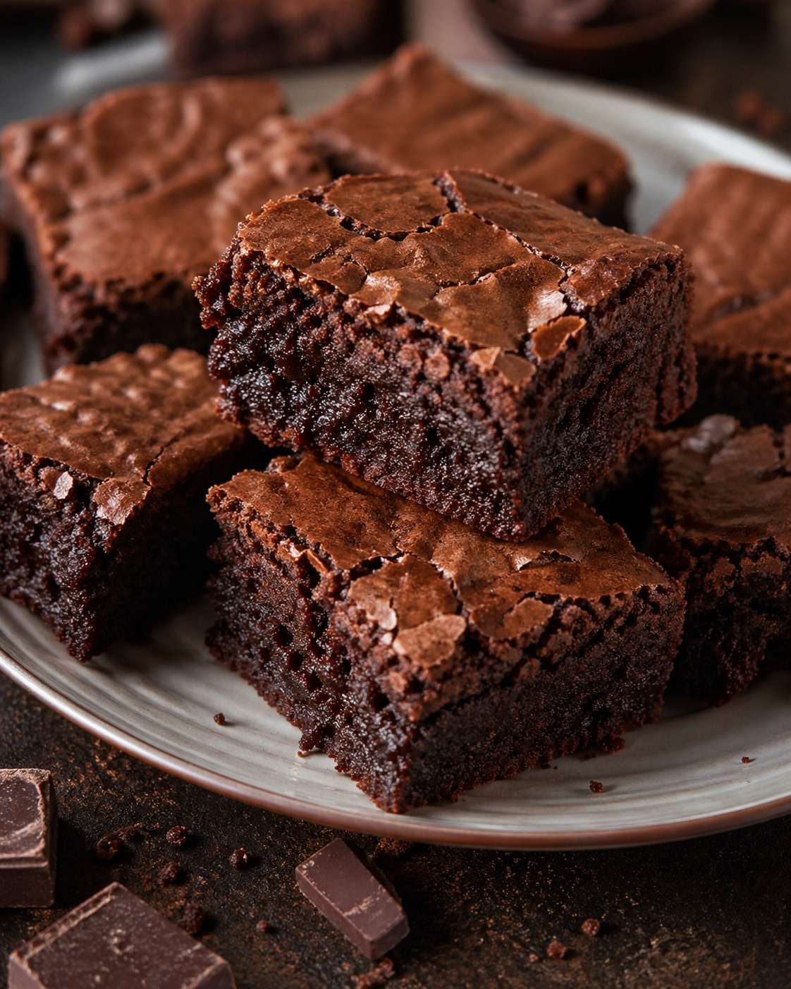 Carrés de brownie au chocolat noir fondant, avec une surface légèrement craquante, des noix visibles et un cœur dense et moelleux.
