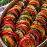 Ratatouille provençale au four avec rondelles d’aubergine, courgettes, tomates et poivrons joliment alternées dans un plat gratiné.