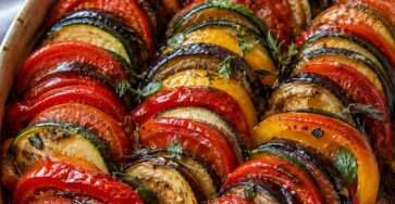 Ratatouille provençale au four avec rondelles d’aubergine, courgettes, tomates et poivrons joliment alternées dans un plat gratiné.