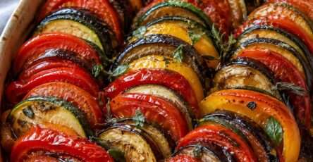 Ratatouille provençale au four avec rondelles d’aubergine, courgettes, tomates et poivrons joliment alternées dans un plat gratiné.