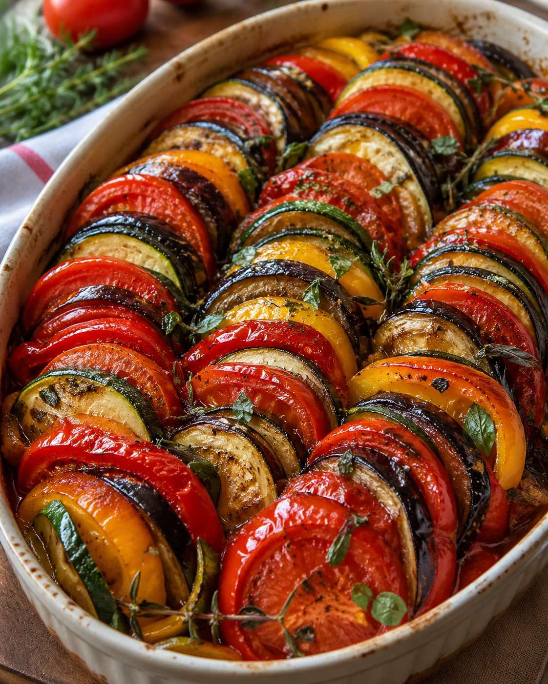 Ratatouille provençale au four avec rondelles d’aubergine, courgettes, tomates et poivrons joliment alternées dans un plat gratiné.