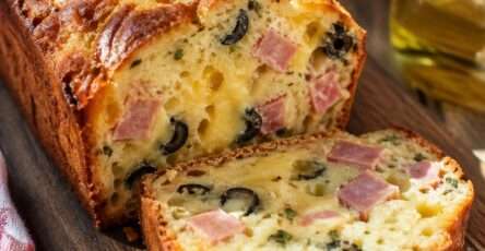 Cake salé jambon fromage olives coupé en tranches, avec une texture moelleuse, une croûte dorée et des morceaux d’olives visibles.