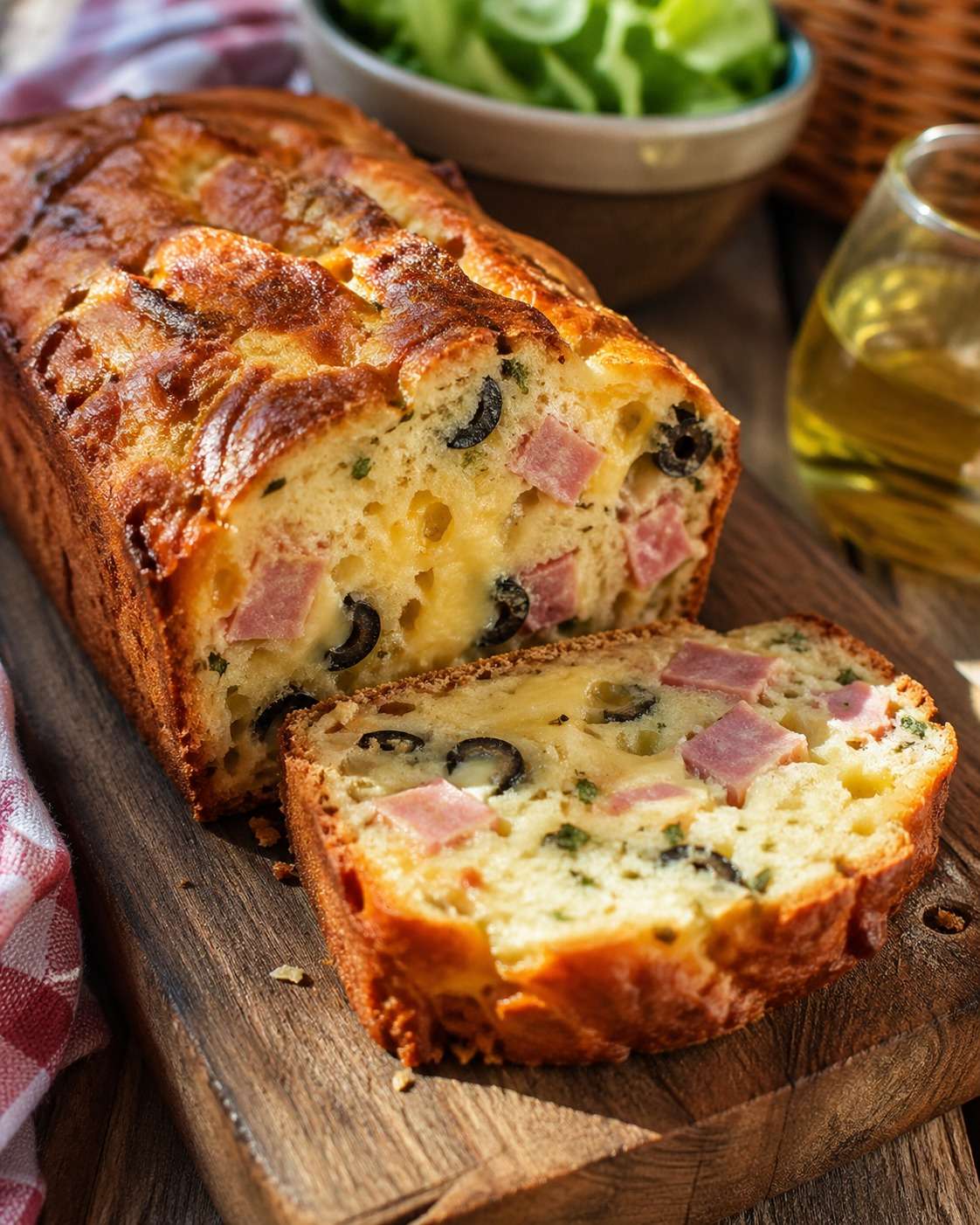 Cake salé jambon fromage olives coupé en tranches, avec une texture moelleuse, une croûte dorée et des morceaux d’olives visibles.
