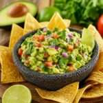 Guacamole maison frais et crémeux servi dans un bol, avec morceaux de tomate, oignon rouge, coriandre et chips tortilla autour.