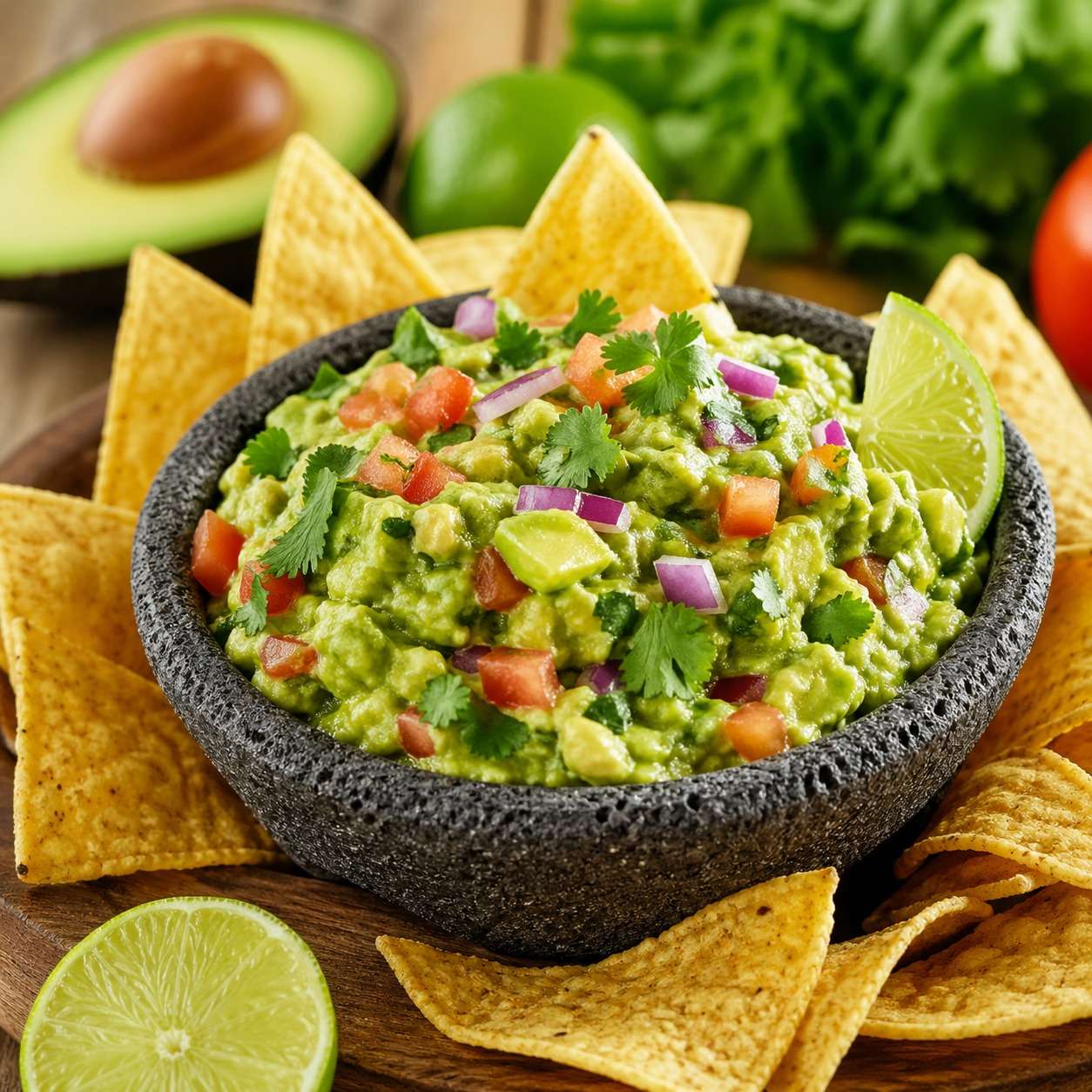 Guacamole maison frais et crémeux servi dans un bol, avec morceaux de tomate, oignon rouge, coriandre et chips tortilla autour.