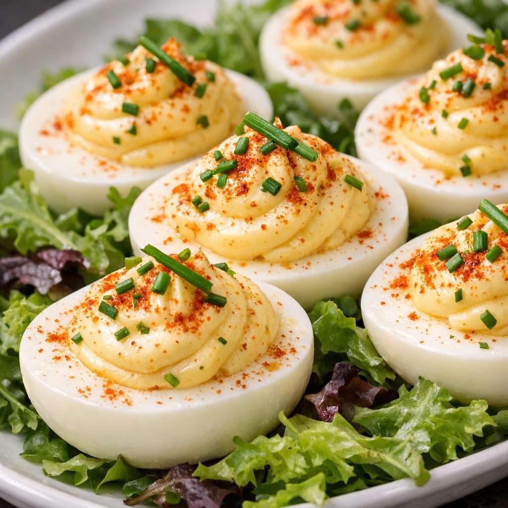 Œufs durs garnis à la mayonnaise citronnée, saupoudrés de paprika fumé et servis sur un lit de roquette fraîche.