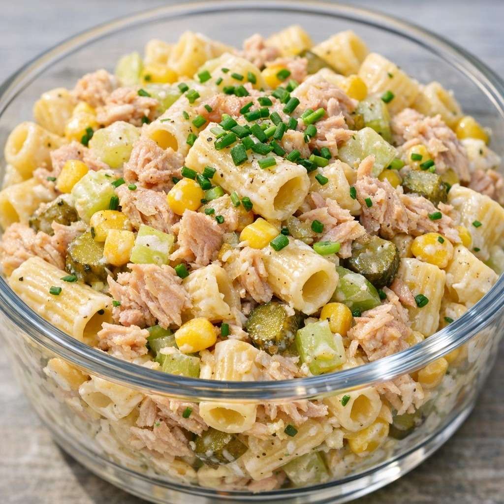 Salade froide de pâtes au thon, maïs doux et céleri croquant, servie bien fraîche avec une sauce crémeuse au yaourt.