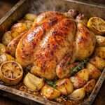 Poulet rôti entier à la peau dorée, servi avec pommes de terre fondantes, citron, ail, thym et jus de cuisson parfumé.