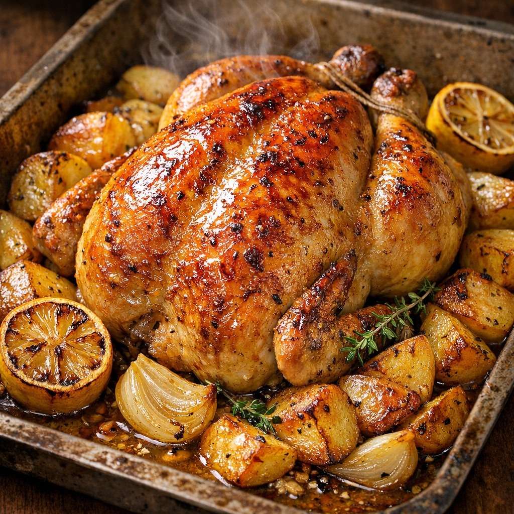 Poulet rôti entier à la peau dorée, servi avec pommes de terre fondantes, citron, ail, thym et jus de cuisson parfumé.