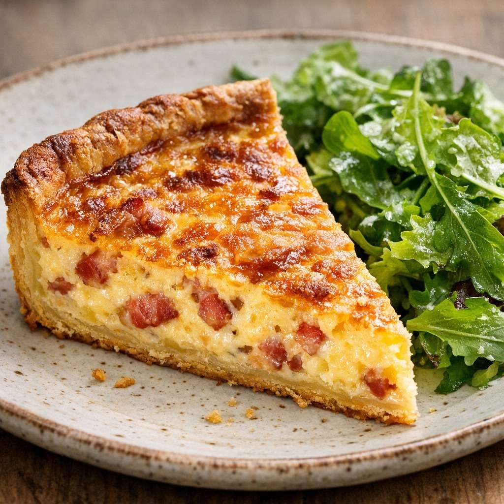 Quiche lorraine traditionnelle dorée, garnie de lardons fumés, servie en parts avec une pâte croustillante et une salade verte.