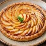 Tarte aux pommes maison de grand-mère, garnie de fines lamelles de pommes dorées, sur une pâte croustillante et légèrement brillante.