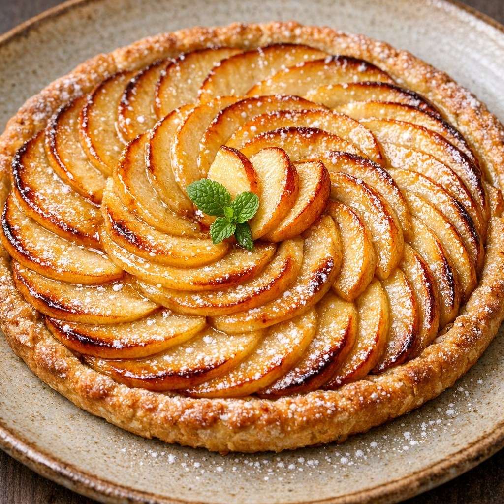 Tarte aux pommes maison de grand-mère, garnie de fines lamelles de pommes dorées, sur une pâte croustillante et légèrement brillante.