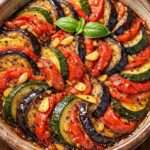 Ratatouille provençale fondante aux aubergines, courgettes, poivrons et tomates confites, servie dans un plat rustique.