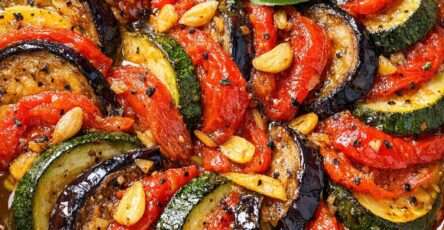 Ratatouille provençale fondante aux aubergines, courgettes, poivrons et tomates confites, servie dans un plat rustique.