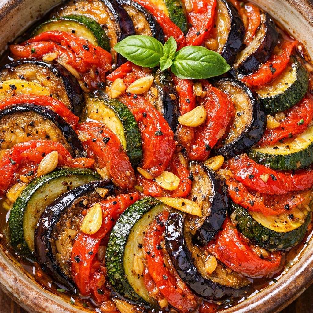 Ratatouille provençale fondante aux aubergines, courgettes, poivrons et tomates confites, servie dans un plat rustique.