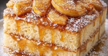 Gâteau d’anniversaire rond aux pommes caramélisées et vanille, décoré de lamelles de pommes brillantes et d’un léger voile de sucre glace.