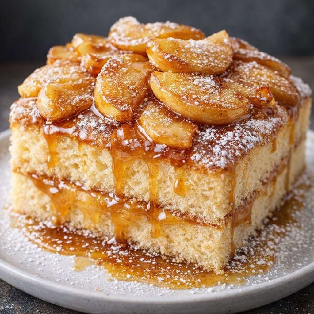 Gâteau d’anniversaire rond aux pommes caramélisées et vanille, décoré de lamelles de pommes brillantes et d’un léger voile de sucre glace.