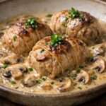 Paupiettes de veau mijotées aux champignons de Paris dans une sauce crémeuse, servies avec persil frais et purée maison.