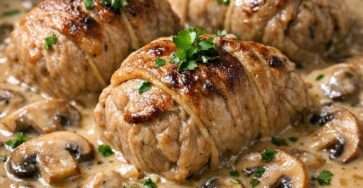 Paupiettes de veau mijotées aux champignons de Paris dans une sauce crémeuse, servies avec persil frais et purée maison.