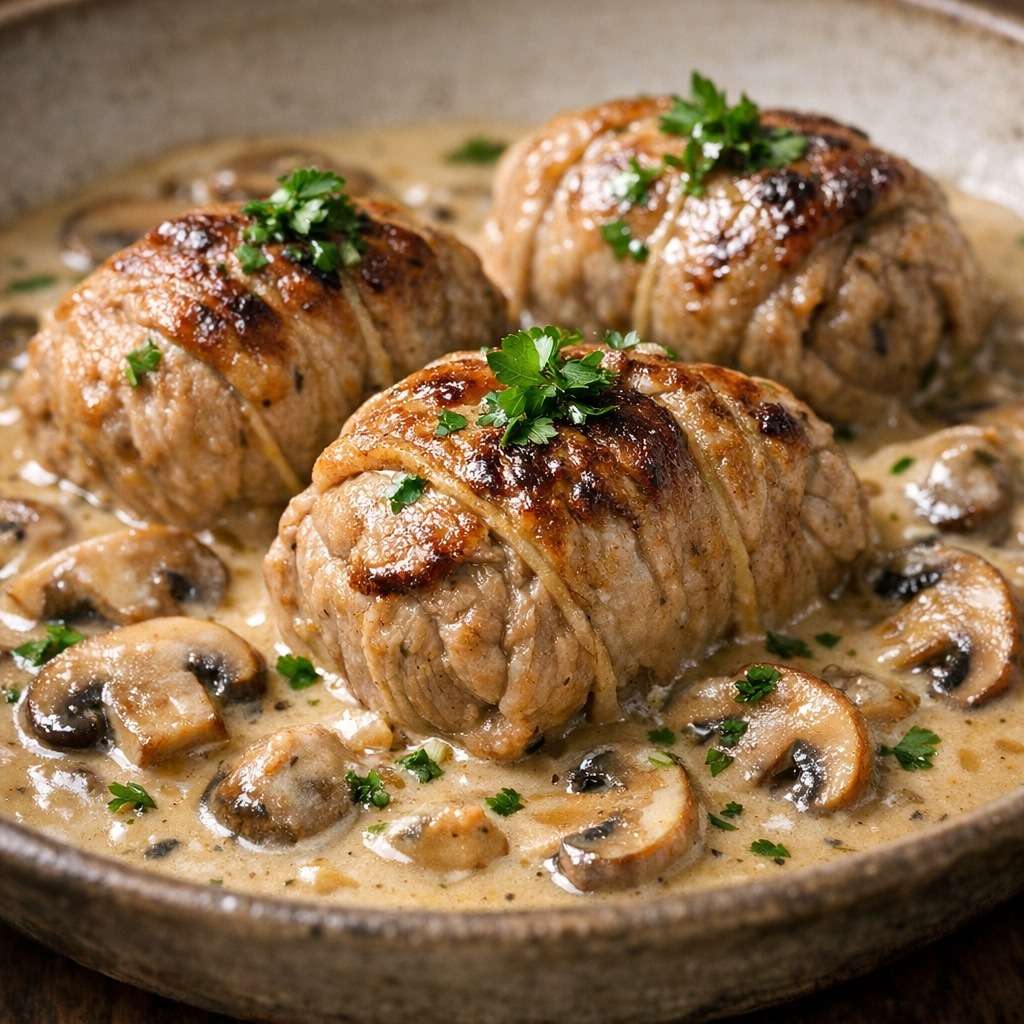 Paupiettes de veau mijotées aux champignons de Paris dans une sauce crémeuse, servies avec persil frais et purée maison.