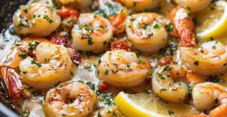 Poêlée de crevettes dorées au beurre à l’ail et au citron, parsemées de persil frais et servies avec du pain croustillant.